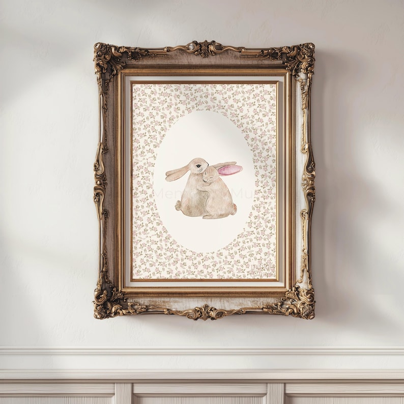 Ditsy Floral Bunny Nursery Print • Vintage Storybook Wall Art image 4