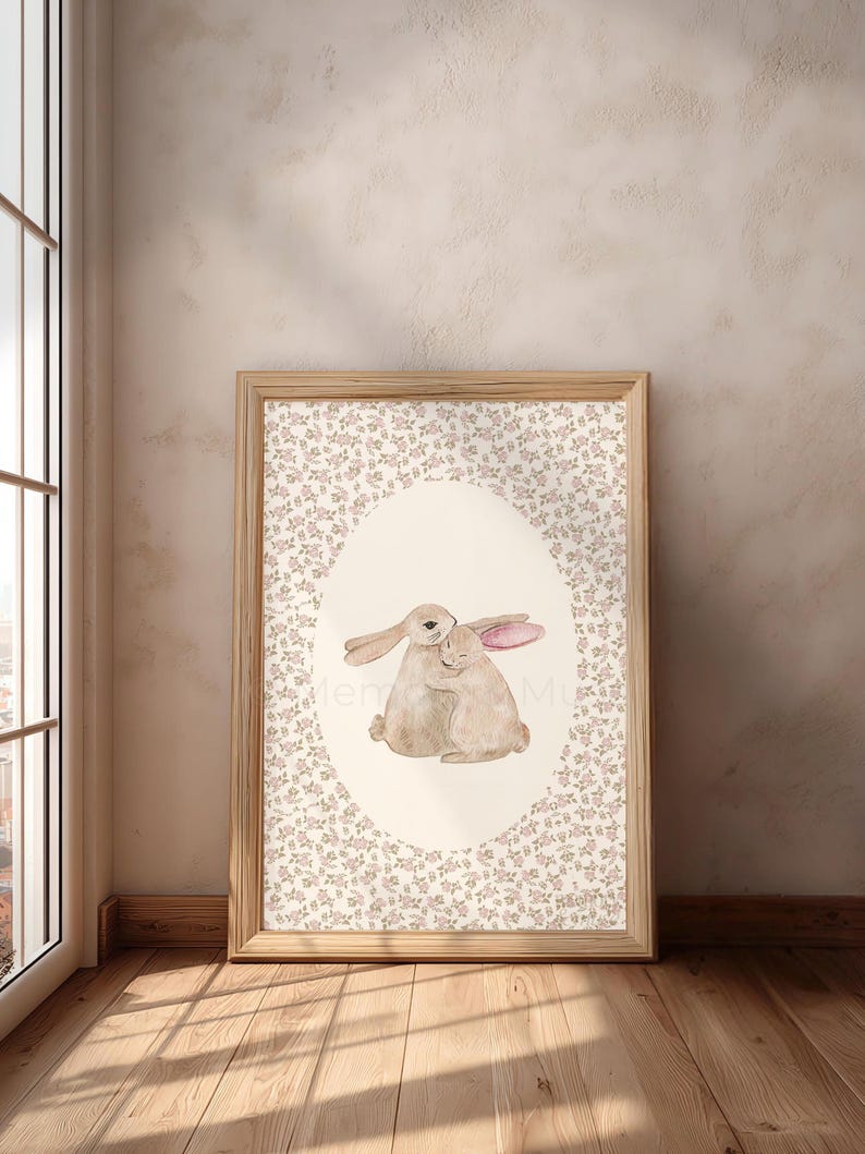 Ditsy Floral Bunny Nursery Print • Vintage Storybook Wall Art image 2