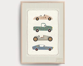 Lámina infantil de coches retro • Cuadro de pared con fondo de rayas finas