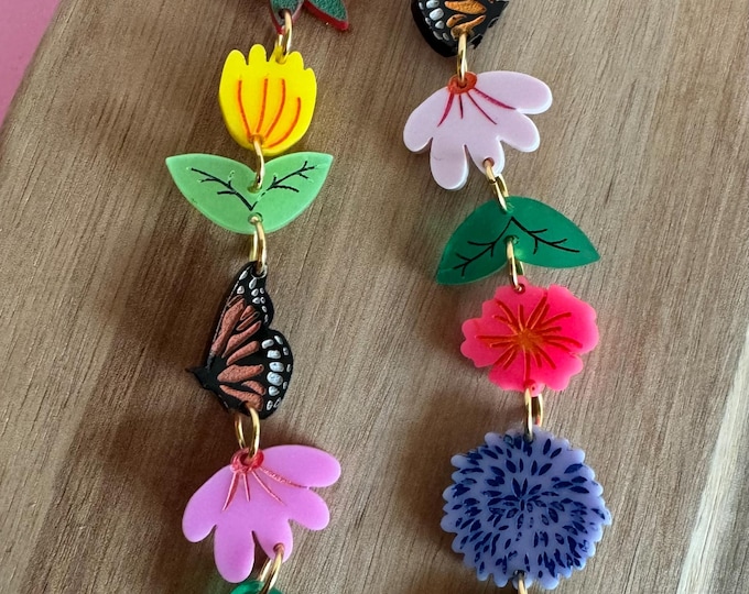 Asymmetrical Butterfly Flower Earrings: Hand-Painted Acrylic Statement Jewelry