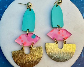 Hand Painted Pink & Turquoise Acrylic Dangle Earrings - Brushed Brass Charm