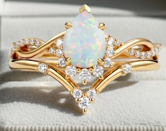 Zestaw pierścionków zaręczynowych z opalem gruszkowym i moissanitem w kształcie łezki, w stylu boho, z 14-karatowego złota, biżuteria ślubna na prezent dla kobiet
