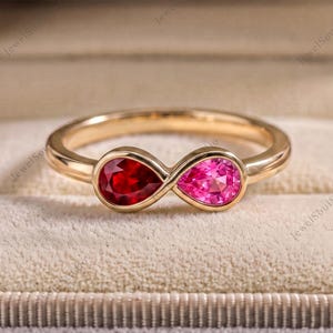 Infinity Two Stone Ring, Pear Cut Ruby and Pink Sapphire Promise Ring, Women, Gold Plated Silver Romantic Bezel Set, Anniversary Gift