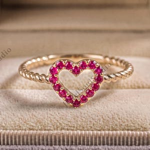 Open Heart Ruby Ring, Twisted Band Gold Plated Silver Promise Ring, Lab Created Red Stone Stacking Ring, Romantic Anniversary Gift for Her