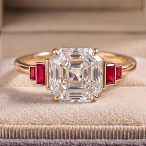 Asscher Cut Engagement Ring, Red Ruby Baguette Accent, Art Deco 5 Stone Ring, Gold Plated Silver Geometric Ring, Vintage Promise Ring Women