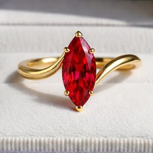 Marquise Cut Ruby Solitaire Ring, Stackable By Pass Band Ring, July Birthstone Ring, Pink Gemstone Ring, Anniversary Gift For Wife