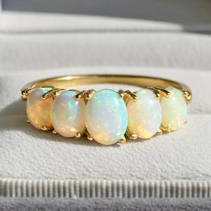 Opal Ring, Fire Opal Ring, 14k Gold Ethiopian Opal Ring, October Birthstone Ring, Promise Ring, Five Opal Anniversary Ring, Gift For Her