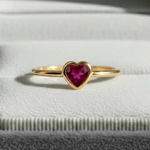 Dainty Ruby Heart Cut Engagement Ring, Minimalist Stackable Ring, Solitaire Ruby Anniversary Ring, Pink Gemstone Promise Ring, Gift For Her