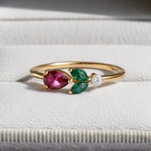 Dainty Pear Cut Ruby & Moissanite Engagement Ring, Minimalist Emerald Marquise Cut Stackable Ring, Four Sone Stackable Ring, Gift For Love