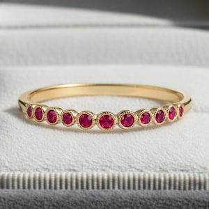 Delicate Pink Ruby Half Eternity Ring, Minimalist Stackable Fancy Jewelry For Anniversary, Dainty Tiny Eternity Ring, July Birthstone Ring