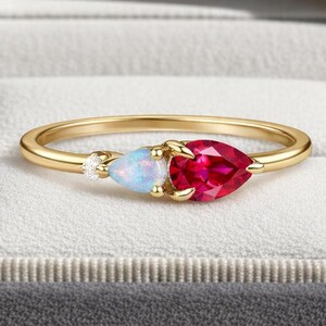 Pear Cut Ruby & Opal Anniversary Ring, Dainty Moissanite Promise Ring, Minimalist Ring, Elegant Stackable Ring, Delicate Ring Gift For Her