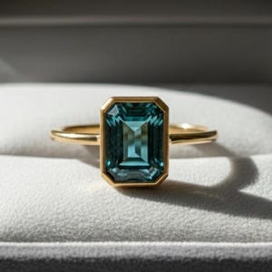 Könnte beinhalten: Ein goldener Ring mit einem rechteckigen, teal-farbenen Edelstein in einer Fassung. Der Ring wird in einer grauen Schmuckschatulle mit weißem Innenraum präsentiert, um das Design und die Farbe des Rings hervorzuheben.