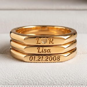 Personalized Stacking Ring, Custom Name Ring in 18K Gold Finish, Engraved Date Band, Minimalist Initial Ring, Meaningful Gift for Her