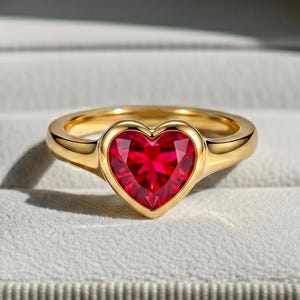May include: A gold ring featuring a faceted heart-shaped red gemstone set in a smooth polished gold band. The ring is displayed inside a grey velvet-lined jewelry box with a light grey interior cushion, showcasing the vibrant red stone.