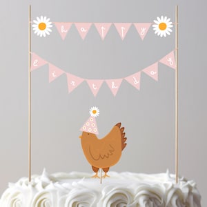 Adorno para tarta de Daisy Farm para niña – Banner de cumpleaños imprimible con un pollito adorable – Banner con letras cursivas