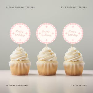 花のカップケーキトッパー、ハッピーバースデー、ピンクのバレエパーティーデコレーション、女の子の1歳の誕生日、印刷可能な誕生日の花をテーマにしたピンクのギンガムチェック柄