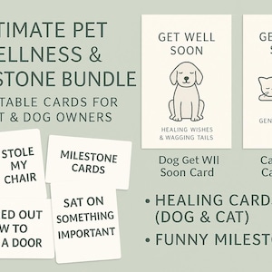 Lot imprimable de cartes de bien-être et d'étapes importantes | Cartes de rétablissement chien et chat et jalons amusants | Cadeau vétérinaire, gardiens d'animaux de compagnie, parents d'animaux de compagnie