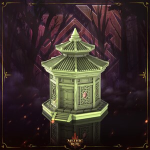 May include: A light green miniature pagoda with a multi-tiered roof, detailed windows, and a decorative base. The pagoda has a detailed design and is likely a decorative item or a model for a game. The logo "Mythic Roll" is at the bottom.