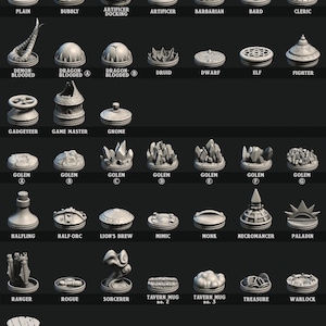 May include: A collection of 27 different 3D printed lids for Mythic Mugs. The lids are made of a light gray plastic and feature various designs, including a dragon, a golem, a wizard, and a half-orc.