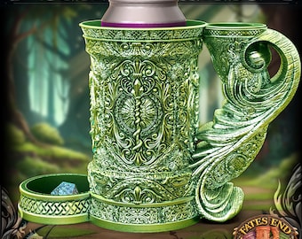 May include: A green, cylindrical dice tower and storage tankard featuring intricate relief carvings of a staff and foliage. The tankard has a large, ornate handle and a small, circular side compartment containing a single multi-faceted die.
