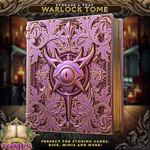 Tomo de armazenamento de dados de Warlock, bandeja de rolagem de dados e armazenamento de minifiguras para RPGs, DnD e Magic the Gathering, armazenamento de cartas MTG
