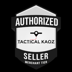 May include: A black and white badge with the text "AUTHORIZED" at the top. Below is a white background with a black location pin and the words "TACTICAL KAOZ". The bottom of the badge reads "SELLER MERCHANT TIER".