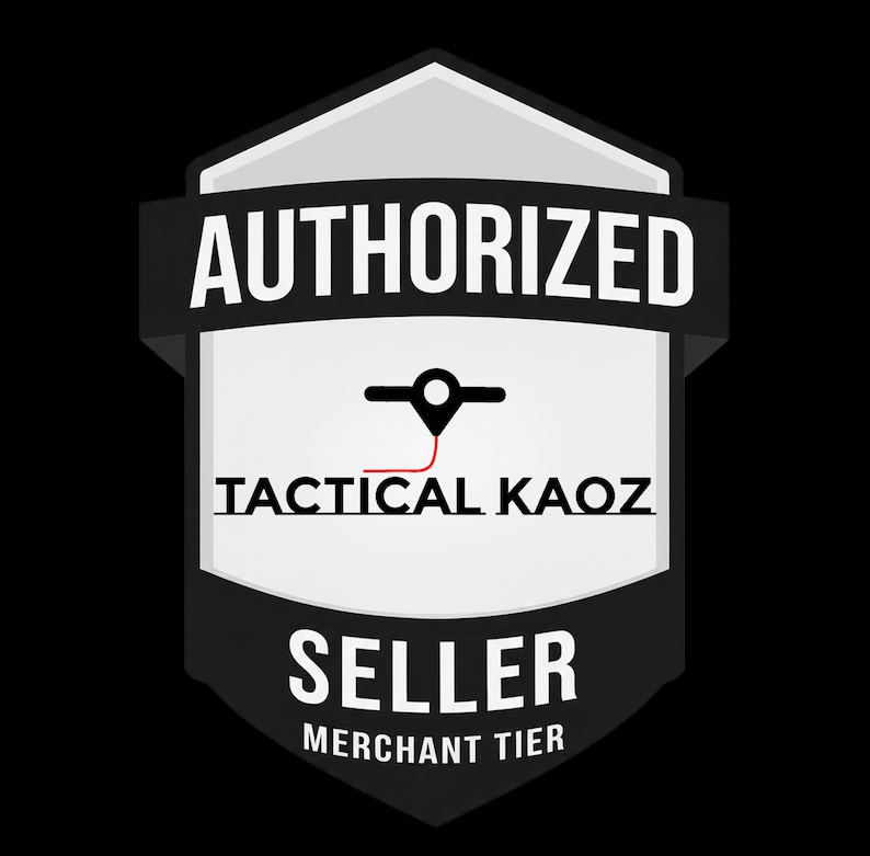 May include: A black and white badge with the text "AUTHORIZED" at the top. Below is a white background with a black location pin and the words "TACTICAL KAOZ". The bottom of the badge reads "SELLER MERCHANT TIER".