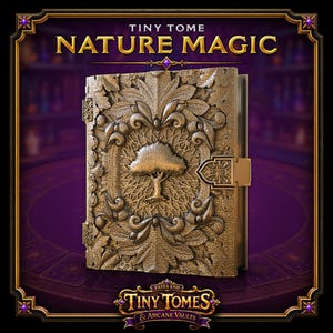 May include: A gold-colored book titled Tiny Tome Nature Magic with a highly detailed embossed cover featuring a central tree motif surrounded by intricate leaf patterns and a metal latch closure. The book is framed by a decorative border.