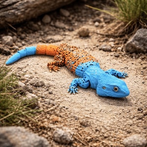 Puede incluir: Figura de lagarto colorido con cabeza y cola azules, y cuerpo naranja con manchas negras. El lagarto está tumbado sobre una superficie arenosa con pequeñas rocas y hierba verde al fondo. Los ojos del lagarto son de color marrón claro.
