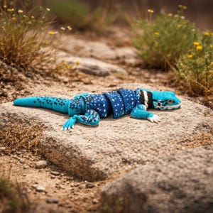 May include: A blue and white toy lizard with a segmented body, lying on a rock. The lizard has a turquoise head and tail, with a dark blue body featuring white polka dots. The toy is set against a natural, outdoor background.
