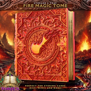 Tomo de armazenamento de dados de magia de fogo, bandeja de rolagem de dados e armazenamento de minifiguras para jogos de RPG, DnD e Magic the Gathering MTG Armazenamento de cartas