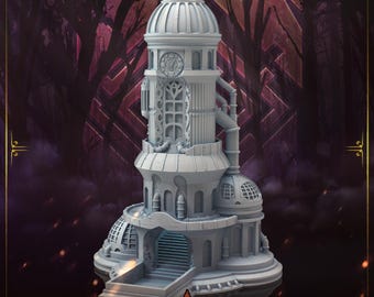 May include: A grey 3D printed miniature of a tall, detailed tower with a domed roof and a clock face. The tower has a series of windows and pipes, and a small entrance with steps leading down to a platform. The miniature is set against a dark, blurry background.