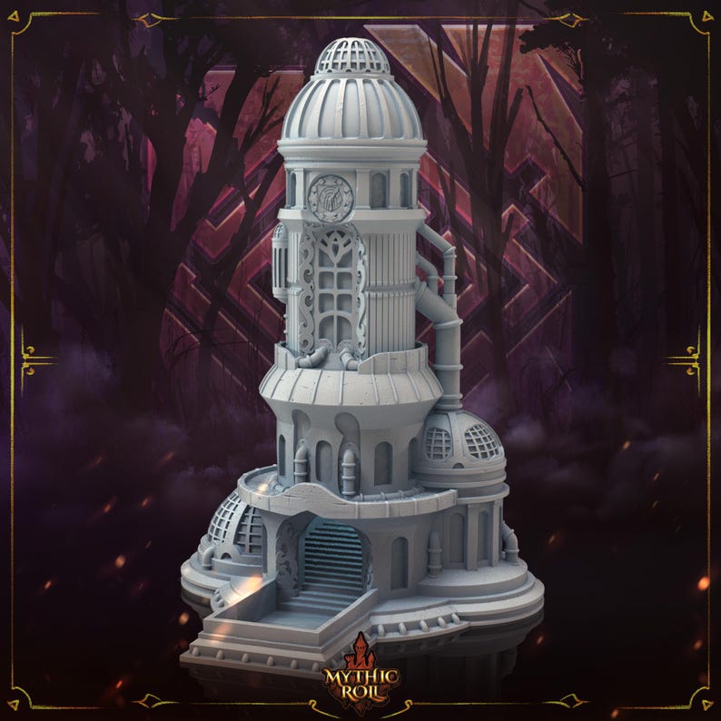 Puede incluir: Una miniatura gris de una torre alta y detallada, impresa en 3D, con un techo abovedado y una esfera de reloj. La torre tiene una serie de ventanas y tuber&iacute;as, y una peque&ntilde;a entrada con escalones que conducen a una plataforma. La miniatura se coloca sobre un fondo oscuro y borroso.