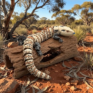 May include: A detailed, articulated toy lizard with a cream-colored head and a segmented body in shades of brown, tan, and black. The lizard rests on a weathered, brown log in a desert landscape, showcasing its realistic design and intricate details.