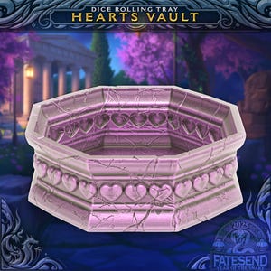 May include: A pink octagonal dice rolling tray with a textured surface and a heart design around the rim. The tray is labelled "Hearts Vault" and "Dice Rolling Tray".