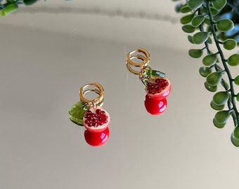 Pomegranate Dangle Earrings, Handmade Fruit Food Earrings, Cute Cottagecore Persephone Earrings, Greek Mythology Earrings, Unique Gift