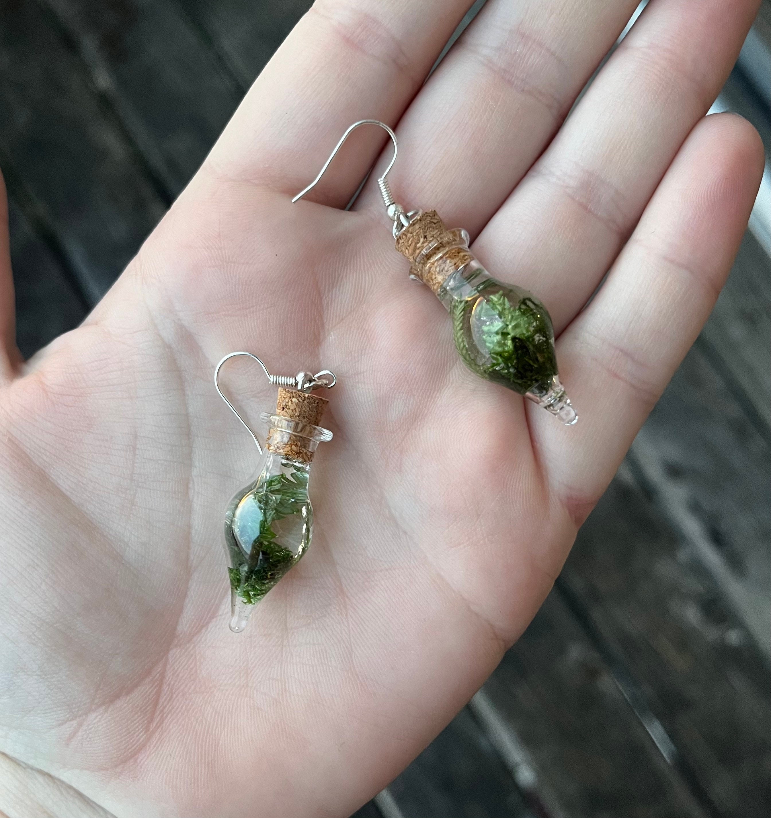 Terrarium Earrings, Miniature Handmade Moss Cottagecore 3-D Dangle Earrings in Vial, Gift for Her Jewelry