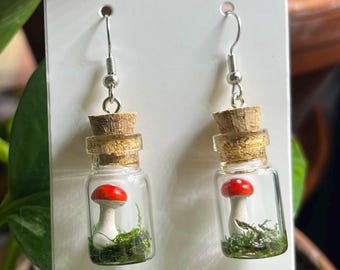 Terrarium Mushroom and Moss Earrings, Handmade Miniature Cute Cottagecore 3-D Dangle Earrings in Bottle, Great Plant Lover Valentines Gift