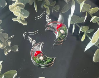 Crescent Moon Moss and Mushroom Earrings, Handmade Cottagecore 3-D Dangle Witchy Nature Earrings, Gift for Mom, Girlfriend, Wife