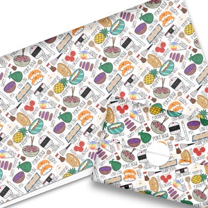 May include: White wrapping paper with a repeating pattern of colorful illustrations of Hawaiian food, including poke bowls, sushi, pineapple, and sweet potato. The text "Poke Bowl", "Sushi", "Lau Lau", "Sweet Potato", "Poi", and "Pineapple" is repeated throughout the pattern.