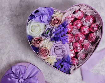 Lindt Chocolate Bouquet,Flowers and chocolates Gift Box,Birthday Hamper for women,Valentines Day Gift Set,Roses in Heart Shaped Gift Box