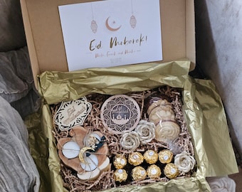 Conjunto de presente Eid, caixa de presente de chocolate para Eid, cesta de presente Eid Mubarak, Eid Al Fitr, ideias de presente Eid, Ferrero Rocher, Lindt, Macarons, flores artificiais