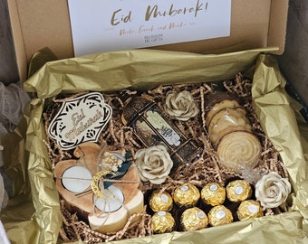 Conjunto de presente Eid, caixa de presente de chocolate para Eid, cesta de presente Eid Mubarak, Eid Al Fitr, ideias de presente Eid, Ferrero Rocher, Lindt, Macarons, flores artificiais