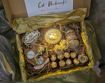 Presente Eid Mubarak, buquê floral Ramadã, presente islâmico, flores artificiais, presente islâmico para ela, ideias para presentes Eid, caixa de chocolate para Eid