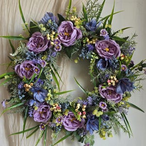 Spring wreath for front door,Summer Wreath,Lilac Peonies Blue magnolia Wreath,All year round Artificial Wreath with Berries,Lavender Wreath