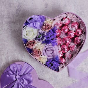 Lindt Chocolate Bouquet,Flowers and chocolates Gift Box,Birthday Hamper for women,Valentines Day Gift Set,Roses in Heart Shaped Gift Box