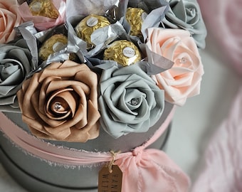 Ramo de chocolate, cesta de flores y chocolate, regalo para el día de la madre, caja de rosas de cumpleaños de Ferrero Rocher, juego de regalo romántico, caja de regalo para el cumpleaños de mamá