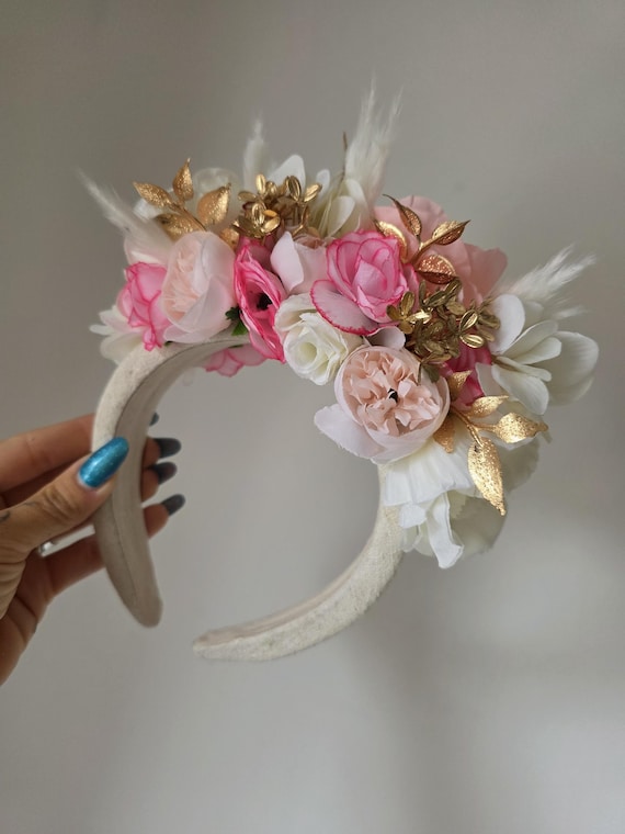 Elegant Cream Headwrap with Floral Accents Cream Floral Headband, Cream Wide Headband, Wide Turban  main image 2