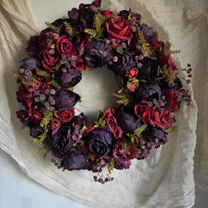 Large Autumn Peony wreath for front door,Dark Red Roses,Deep Purple Peonies,Thanksgiving Wreath,Artificial Door Wreath,Fall wreath XXL