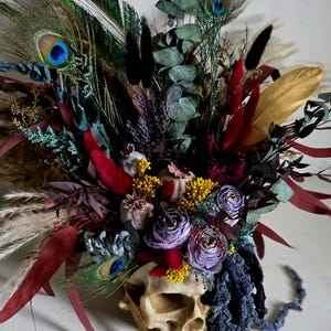 Skull dark flower decor,skeleton gothic home decor,sugar skull table decor,scary flower arrangement,Creepy gift,alternative gift,human skull image 18